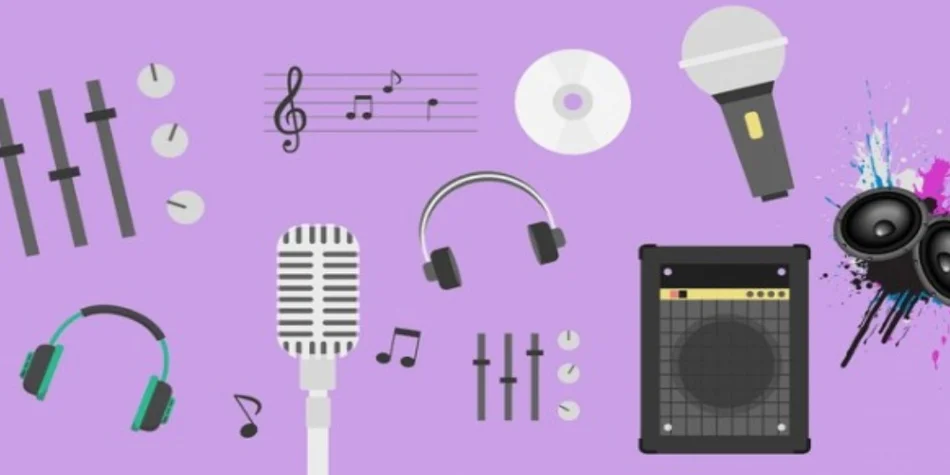 Illustration de divers objets liés à la musique sur fond mauve: micros, enceintes, écouteurs et autres
