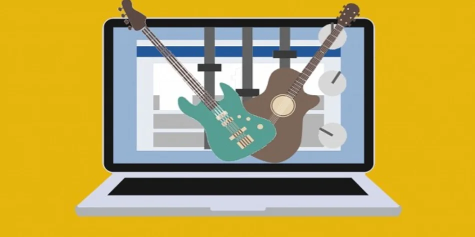 Image vectorielle d'un ordinateur avec des guitares sur l'écran