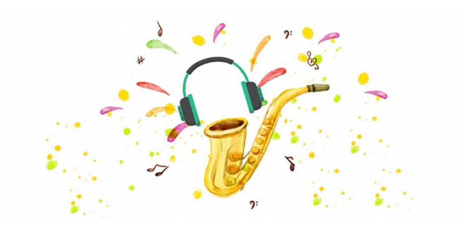 Illustration of a saxophone with headphones