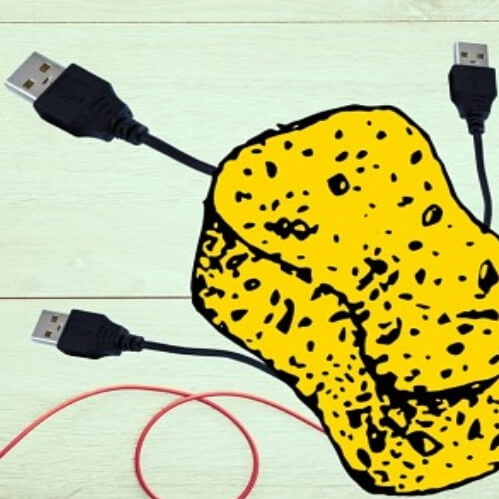 Image of a sponge connected to headphones