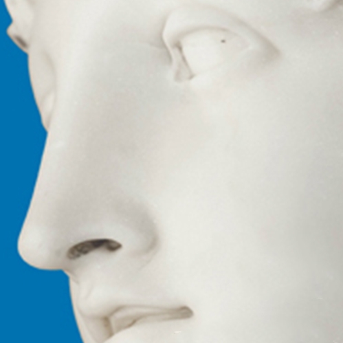 Photo of the face of a marble statue on a blue background