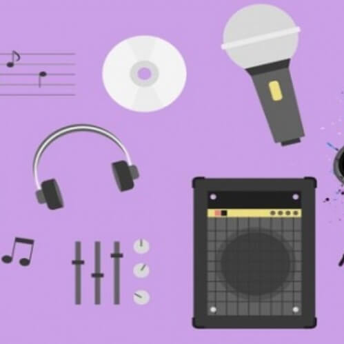 Illustration de divers objets liés à la musique sur fond mauve: micros, enceintes, écouteurs et autres