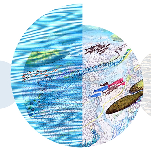Image avec cercles gris et bleu et dessins d'oiseaux et de poissons
