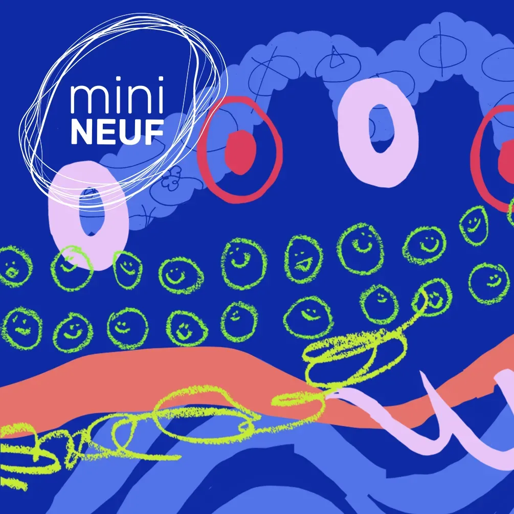 Yellow text "Mini Neuf" on a purple-to-blue gradient background, surrounded by yellow circles